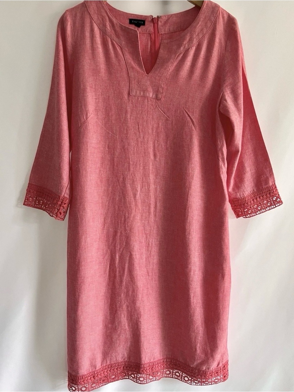 Talbots Washed Out Red Chambray Tunic Dress Linen Blend Crochet Trim Sz 8
